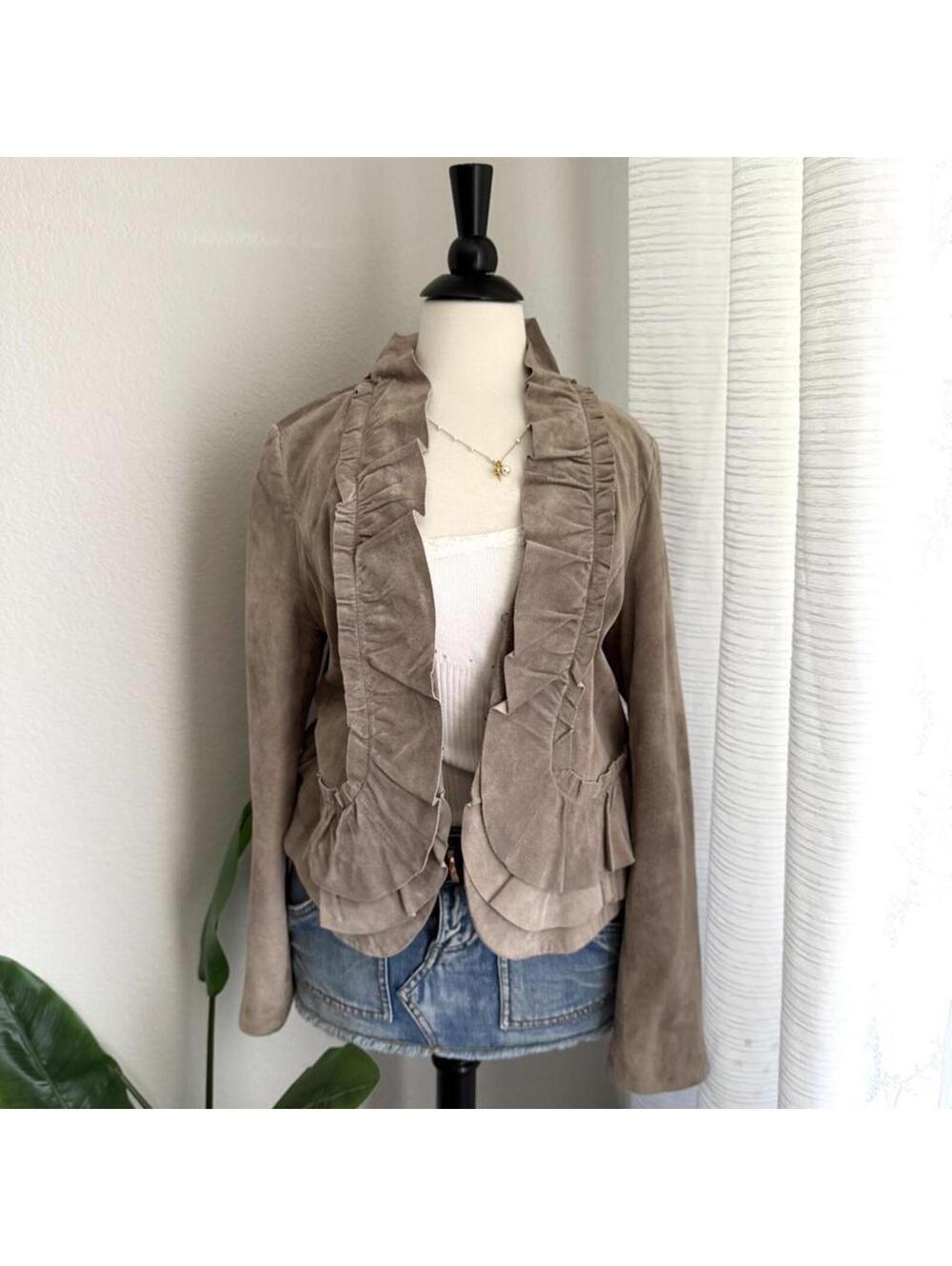 INC Suede 100% Leather Ruffle Jacket
